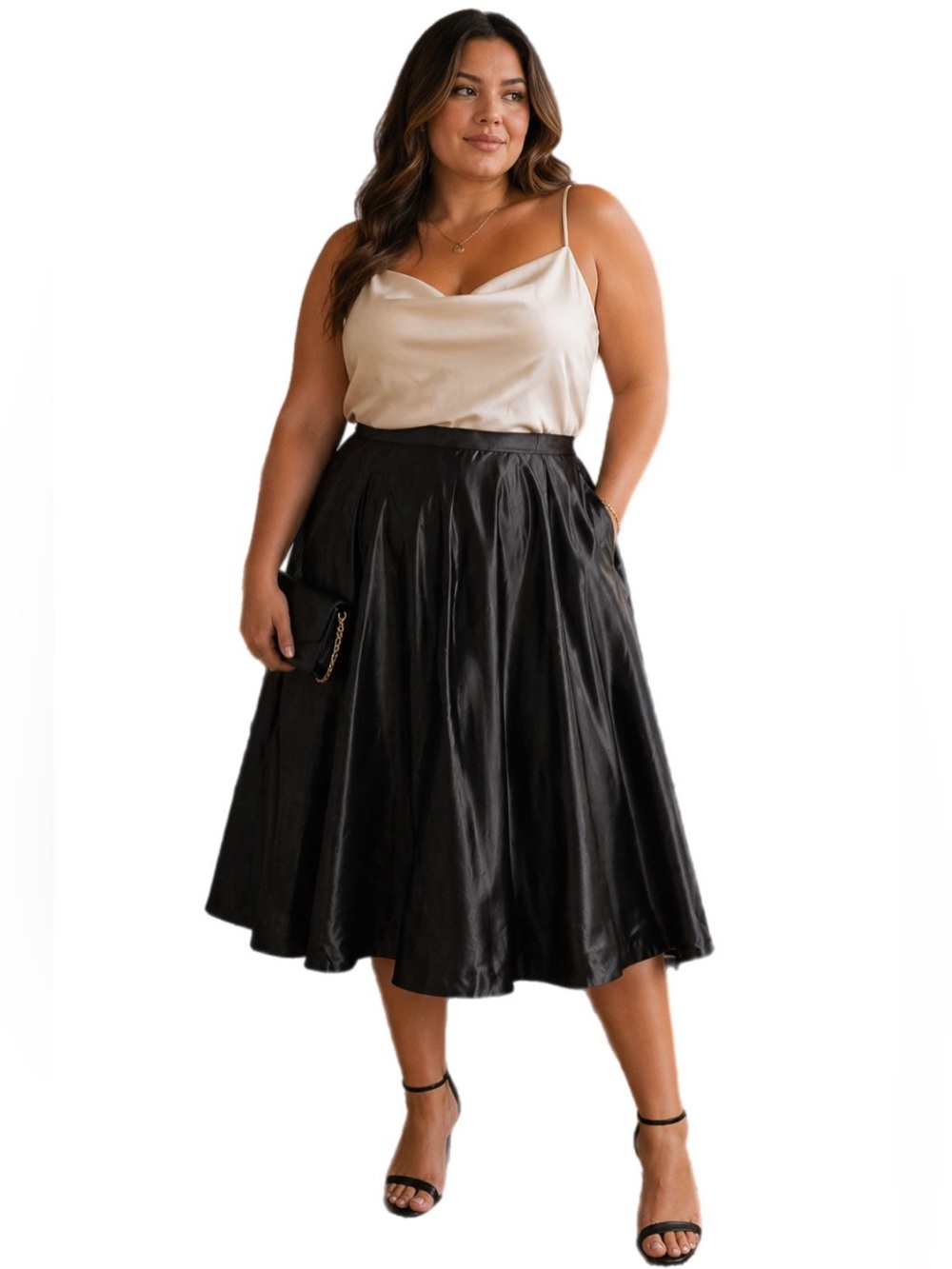 Y2K Vintage Heavyweight Satin Flowy Midi Skirt (Black) Size Large